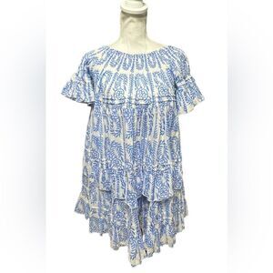 Vintage Ibiza Bohemian Babydoll Mini Dress Blue White Print Vneck 100% Cotton s?
